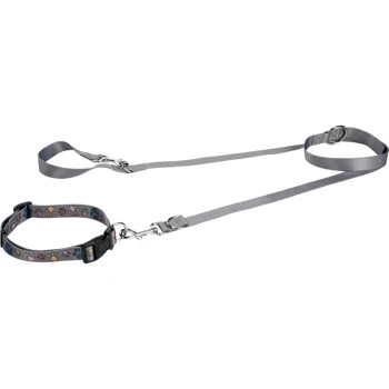 Gray pet harness and leash set featuring a colorful paw print design on the harness.