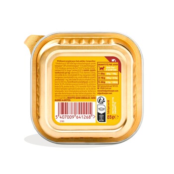 Emballage de nourriture humide pour chats adultes, présentant un contenant doré avec des informations nutritionnelles détaillées et des directives d'alimentation.