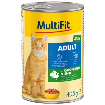 Katzenfutterdose mit einer roten Katze auf dem Etikett, beschriftet "Multifit Jelly Adult" mit Kaninchen- und Enten-Zutaten, 405g.