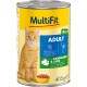 Katzenfutterdose mit einer roten Katze auf dem Etikett, beschriftet "Multifit Jelly Adult" mit Kaninchen- und Enten-Zutaten, 405g.