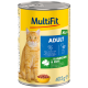 Katzenfutterdose mit einer roten Katze auf dem Etikett, beschriftet "Multifit Jelly Adult" mit Kaninchen- und Enten-Zutaten, 405g.