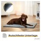Ein brauner Labrador Retriever liegt auf einer grauen rutschfesten Tiermatte in einer gemütlichen Innenumgebung, mit dem Text "Rutschfeste Unterlage" darunter.