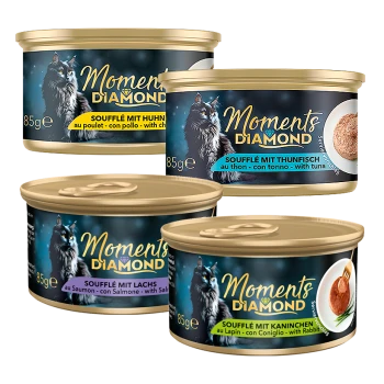 Vier Dosen "Moments Diamond" Katzenfutter mit verschiedenen Geschmacksrichtungen: Huhn, Thunfisch, Lachs und Kaninchen, jede in mehreren Sprachen beschriftet.