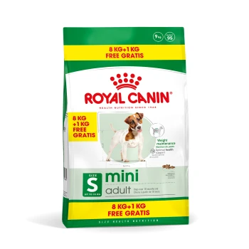 Royal Canin Mini Adult Hundefutterbeutel, 9 kg insgesamt, mit einem kleinen Hund auf der Vorderseite, mit Text, der "8 KG + 1 KG GRATIS" hervorhebt.