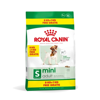 Sac de nourriture pour chiens Royal Canin Mini Adult, 9 kg au total, présentant un petit chien sur le devant, avec un texte mettant en avant "8 KG + 1 KG GRATUIT".