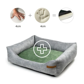 Hundebett mit grauem Äußeren und grünem Kissen, mit einem Diagramm, das 4 cm Schaumstoffunterstützung für Komfort zeigt.