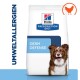 Hill's Prescription Diet Derm Defense Hundefutterbeutel, mit einem weißen Hintergrund, blauen Akzenten und einem Hühner-Icon.