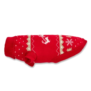 Roter gestrickter Festtagspullover für Hunde mit weißem Rentier- und Schneeflockenmuster, mit Rippbündchen am Hals und an den Beinöffnungen