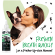 Flasche Bugalugs Clean Teeth Gel für Haustiere mit dem Text „Frischen Atem schnell für einen frischeren Nahmoment“ und einer Person, die einen Hund hält.