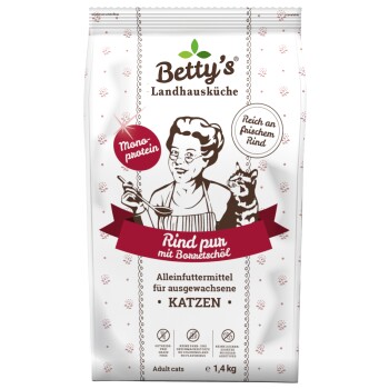 Betty's Landhausküche Katzenfutterbeutel, Rindergeschmack, Monoprotein, getreidefrei, ohne Farb- oder Aromastoffe, 1,4 kg für erwachsene Katzen.