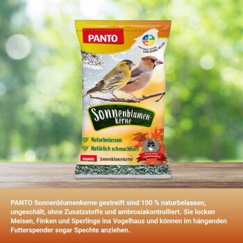 PANTO-Sack mit Sonnenblumenkernen für Vögel, zeigt zwei Vögel; Text: 'Naturbelassen, Natürlich schmackhaft'.