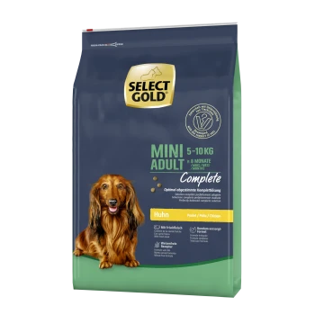 Select Gold Mini Adult dog food bag, 5-10 kg, for dogs over 8 months. Features chicken as the main ingredient.