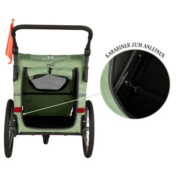 Grüner zweiträdriger Haustier-Kinderwagen mit Griff, Netzfenster und oranger Fahne; Einsatz zeigt Karabiner und Text 'KARABINER ZUM ANLEINEN'