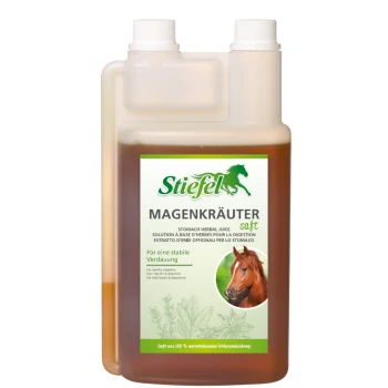 Stiefel Magenkräuter Magenkräuter-Saftflasche, mit einer braunen Flüssigkeit, mit Text, der die Vorteile für eine gesunde Verdauung hervorhebt.