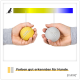 Zwei Hände halten einen gelben und einen grauen Ball, jeweils mit der Aufschrift '6,5 cm', mit dem Text 'Farben gut erkennbar für Hunde' darunter.