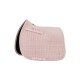 Helle rosa, gestepptes Sattelpad mit einem strukturierten Muster und schwarzer Unterseite, mit kleinem Logo und verstellbaren Riemen.