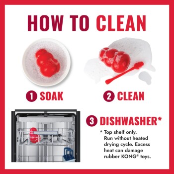 How to clean a red KONG dog toy: 1. Soak in soapy water 2. Clean with brush 3. Dishwasher top shelf only, no heated drying.
