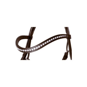 Ein stilvolles braunes Haustiergeschirr, das mit funkelnden Strasssteinen entlang des Riemens verziert ist und Eleganz und Luxus für Haustiere zeigt.