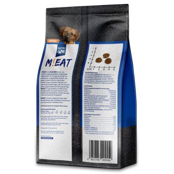 Hundefutterpackung mit der Aufschrift "M!EAT" von NutriQM, mit einem Bild eines braunen Hundes, Nährwertinformationen und Zutatenangaben auf Deutsch.