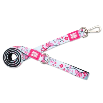 Hundeleine mit Blumenmuster und pinken Blumen, Metallclip und „Max & Molly“ Logo-Tags auf weißem Hintergrund.
