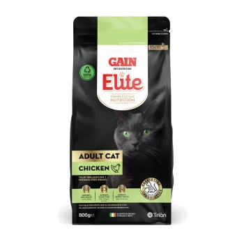 Black cat with green eyes on a bag of Gain Elite cat food, labeled "Adult Cat Chicken," 800g, highlighting nutritional benefits.