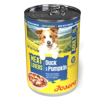 Dose Josera-Hundefutter, Aufschrift 'Meat Lovers Ente mit Kürbis', zeigt glücklichen Hund, 'Adult' und 'Grain Free'.
