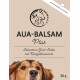 AUA-BALSAM Plus Verpackung mit einer Nahaufnahme des Gesichts eines Hundes, mit dem Text, der angibt, dass es sich um eine Leberöl-Zinksalbe mit Ringelblumenöl handelt, 50g.