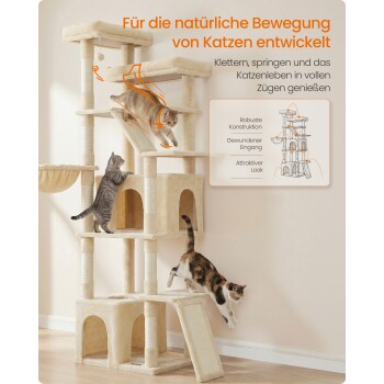 Beiger mehrstufiger Kratzbaum mit drei spielenden Katzen; deutsche Überschrift 'Für die natürliche Bewegung von Katzen entwickelt'