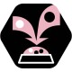 Icoon van een hondenvoerbak met roze spetters erboven, wat symboliseert dat er voedsel wordt ingeschonken, op een zwarte hexagonale achtergrond.
