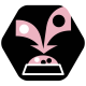 Icon einer Haustierfutterschüssel mit rosa Spritzern darüber, die symbolisieren, dass Futter ausgegossen wird, auf einem schwarzen sechseckigen Hintergrund.