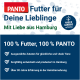PANTO Haustierfutter-Werbung mit dem Slogan "Futter für Deine Lieblinge" und Highlights von 100% Qualitätszutaten, hergestellt in Hamburg.