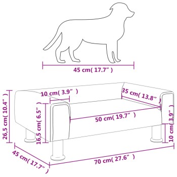 Diagramm eines Hundebettes mit Maßen in cm und Zoll, zeigt eine Hundesilhouette 45 cm (17,7") lang und Bettmaße.
