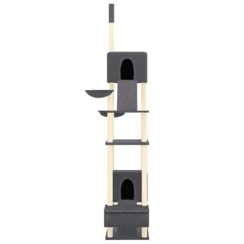 Hoher, moderner Katzenbaum mit mehreren Ebenen, dunkelgrauem Stoff, Holzpfosten und zwei geschlossenen Verstecken.