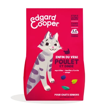 Sac de nourriture pour chat avec une illustration de chat joueur, étiqueté "Edgard Cooper," présentant "VRAI POULET ET DINDE" et des ingrédients comme des myrtilles et de la sauge.