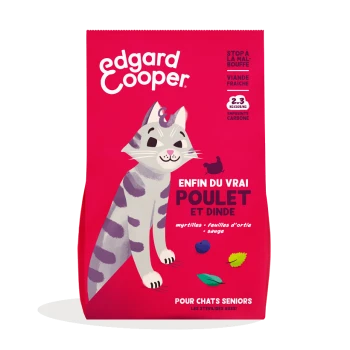 Sac de nourriture pour chat avec une illustration de chat joueur, étiqueté "Edgard Cooper," présentant "VRAI POULET ET DINDE" et des ingrédients comme des myrtilles et de la sauge.