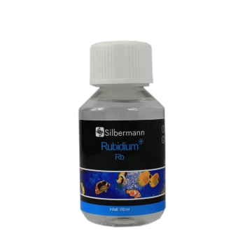 Flasche Silbermann Rubidium (Rb) für die Aquariennutzung, mit 100 ml, mit bunten Fischgrafiken auf dem Etikett.