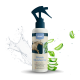 Flasche von nimo! Pferde Wundspray für Pferde, mit einem Pferdebild, Aloe-Vera-Blättern und Wasserspritzern.