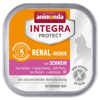 Integra Protect Niere 16x100g Schwein Dosenfutter für Hunde mit der Aufschrift "Animonda Integra Protect Renal" mit Schweinefleisch, niedrigem Phosphorgehalt und getreidefrei. Veterinärdiät zur Unterstützung der Nieren.