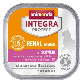 Nourriture en conserve pour chien étiquetée 'Animonda Integra Protect Renal' avec du porc, faible en phosphore et sans céréales. Régime vétérinaire pour le soutien rénal.