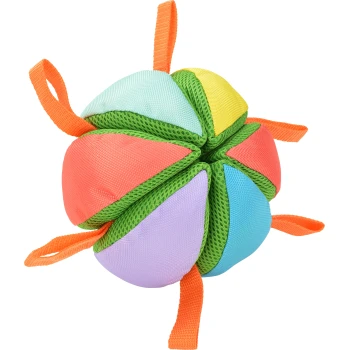 Buntes Plüschhaustier-Spielzeug in Form eines Balls, mit sechs Segmenten in Orange, Grün, Gelb, Blau und Lila, mit orangefarbenen Riemen.