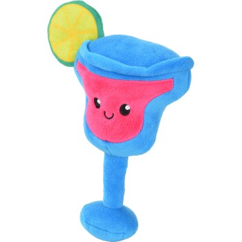 Blaues Plüschspielzeug in Form eines Cocktailglases für Hunde mit rosa lächelndem Gesicht und Limettenscheiben-Garnitur.