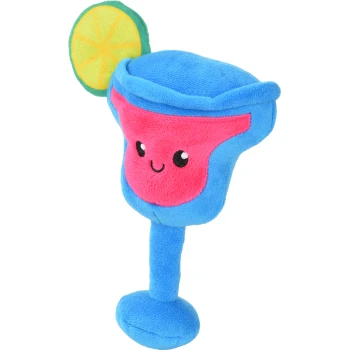 Blaues Plüschspielzeug in Form eines Cocktailglases für Hunde mit rosa lächelndem Gesicht und Limettenscheiben-Garnitur.