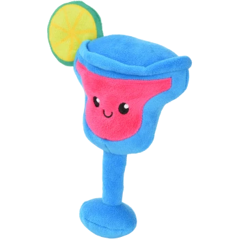 Blaues Plüschspielzeug in Form eines Cocktailglases für Hunde mit rosa lächelndem Gesicht und Limettenscheiben-Garnitur.