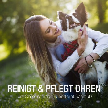 Pawlie's Ohrenreiniger für Haustiere enthält natürliche Zutaten, keine schädlichen Chemikalien und wurde von Experten entwickelt, gekennzeichnet mit Häkchen und Kreuzen.