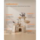 Beiger Kratzbaum mit zwei grauen Katzen; deutscher Titel 'Multifunktional' und Beschriftungen für Betrachten, Spielen, Klettern, Kratzen, Ausruhen