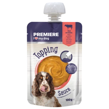 PREMIERE I love my dog Topping Sauce wołowina z dynią, 100g, z obrazem psa oblizującego wargi.