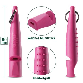 Pinkes ACME 211.5 Hundepfeife mit weichem Mundstück und Komfortgriff, 80 mm lang, aus mehreren Blickwinkeln gezeigt.