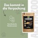 Verpackung des "Ulmenrinde"-Pulvers für Hunde und Katzen von Alphazoo, mit Text über natürliche Magenberuhigung und umweltfreundlicher Verpackung.