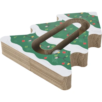 Cardboard cat scratcher shaped like a Christmas tree, green holiday lights pattern and inner ball track with a white plastic ball.