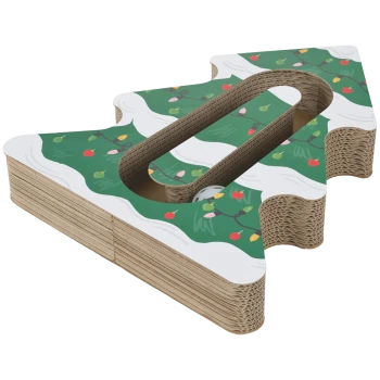 Cardboard cat scratcher shaped like a Christmas tree, green holiday lights pattern and inner ball track with a white plastic ball.